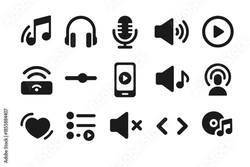 Audio and music icon set featuring sound, volume, and playback symbols