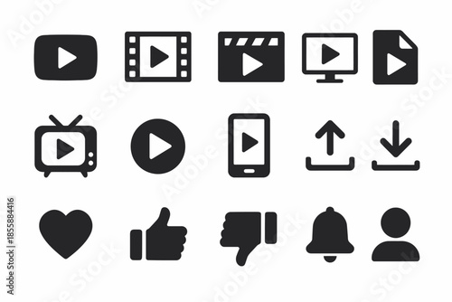 Media icons set: video, download, play, like, notification symbols