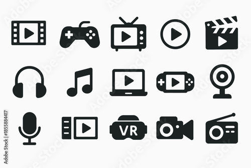 Digital media icons: entertainment, technology, and communication symbols