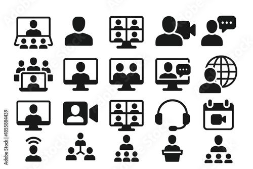 Set of video call and social networking icons: communication and collaboration symbols