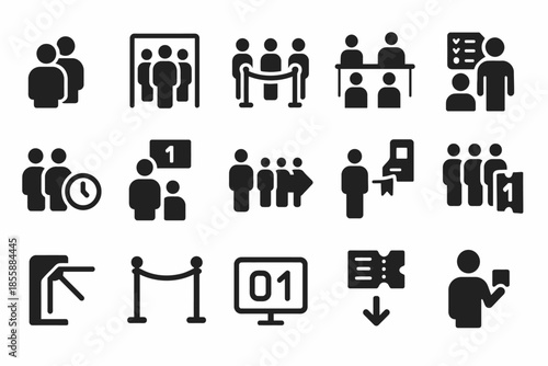 Queue and ticketing icons set: organizing people, waiting, priority, and access management