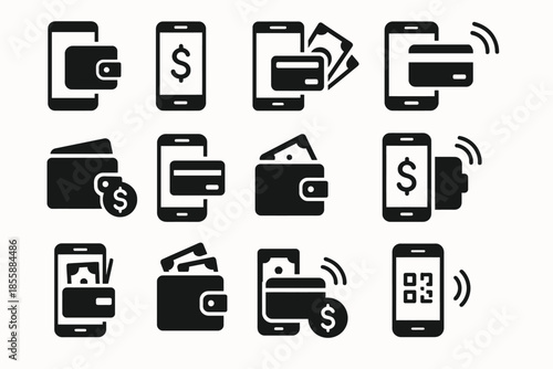 Digital payment icons: mobile wallet, qr code, contactless technologies