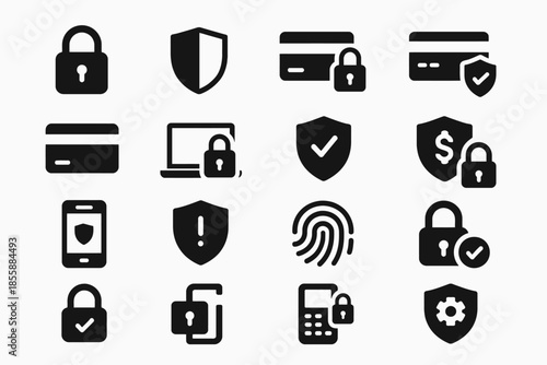 Set of security icons featuring locks, shields, and digital devices