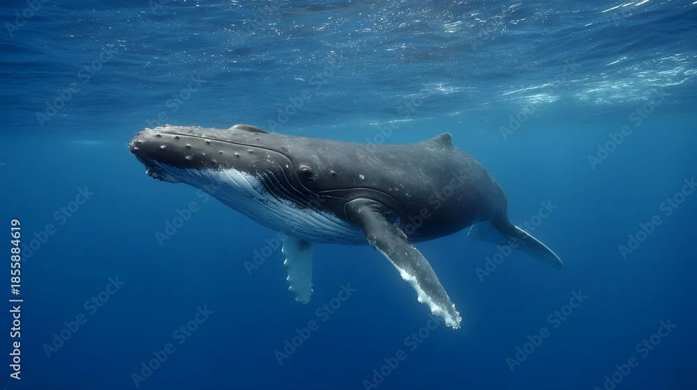 Naklejka premium A majestic humpback whale gracefully swims through the clear blue ocean depths under the shimmering surface light