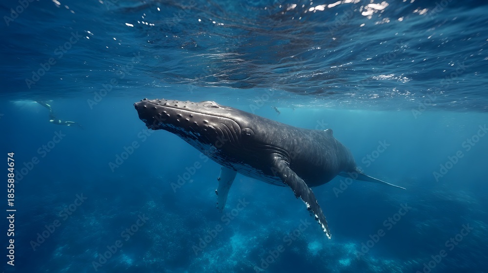Fototapeta premium Majestic humpback whale glides through clear blue ocean water near the surface with distant swimmers observing