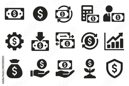 Financial icons set: currency exchange, investment growth, money management tools