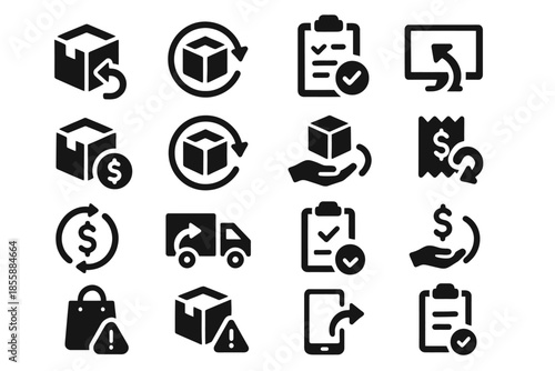 Black and white icons representing return and refund processes