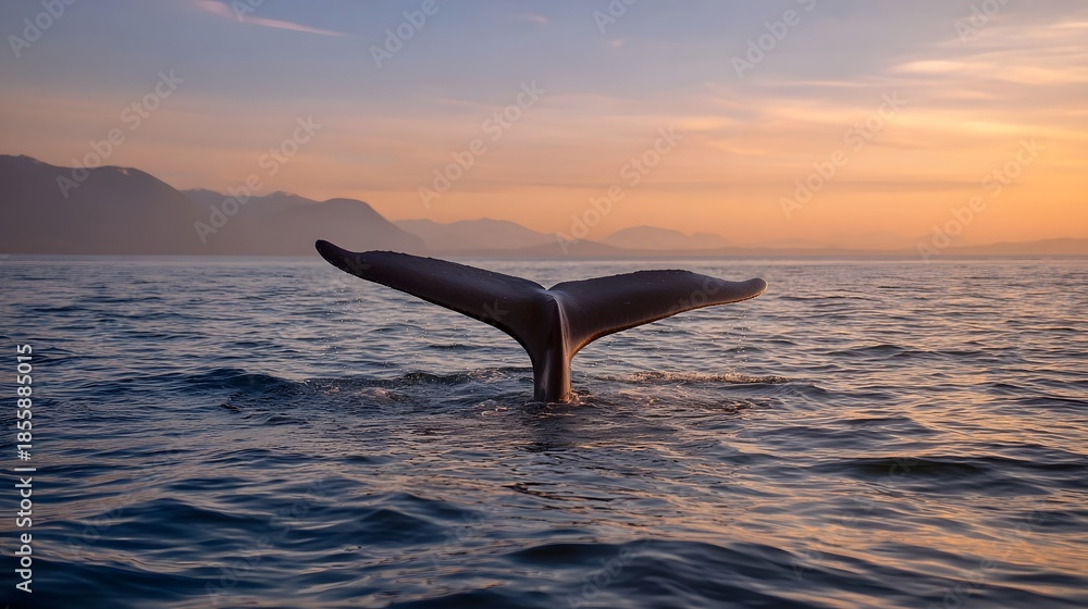 Fototapeta premium Whale tail emerges from the ocean at sunset