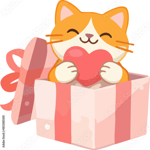 A cute cartoon kitten peeks out of a gift box while holding a heart, illustrated in a soft pastel Valentine’s Day style