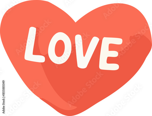 A bold red heart with the word “LOVE” written in white stands out against asimple romantic illustration.