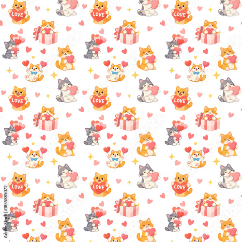 A seamless repeating pattern features cute cartoon cats holding hearts, gifts, and love symbols in soft pastel colors