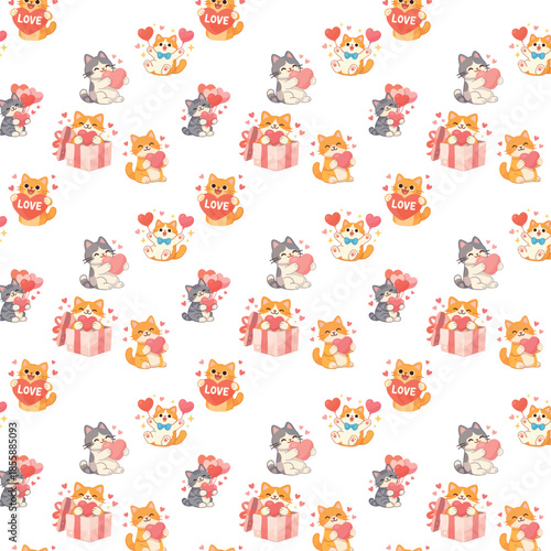 A seamless repeating pattern shows adorable cartoon cats holding hearts, love balloons, and gift boxes in a cute Valentine’s Day them