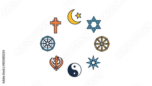 Diverse religious symbols including cross, star of david, om, yin yang, crescent moon, wheel of dharma, and islamic crescent star on white background, representing faith