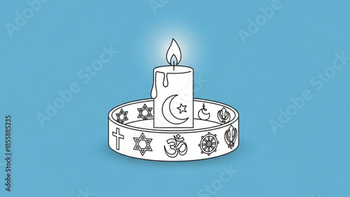 A lit candle with religious symbols on a blue background representing spirituality and unity among different faiths and cultures globally