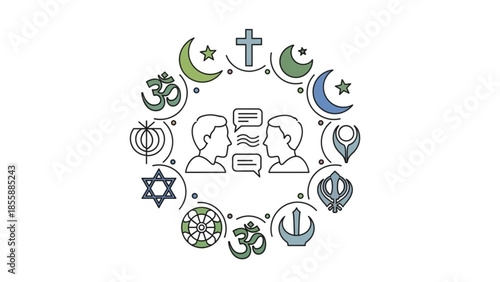 Diverse religious symbols surrounding two people talking, representing interfaith dialogue and communication