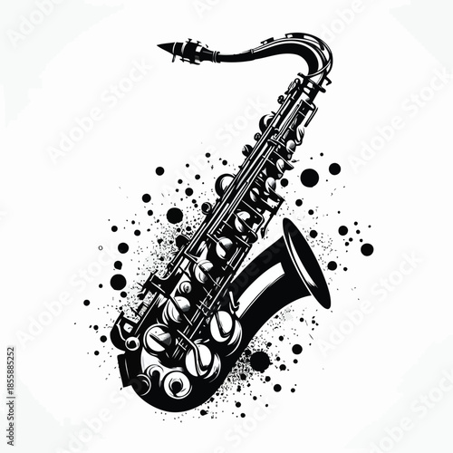Black and white illustration of a saxophone with artistic splatters on white background vector