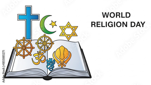 World religion day, diverse faith symbols on open book, cross, crescent, star, om, wheel, jewish star, buddhist wheel, religious harmony