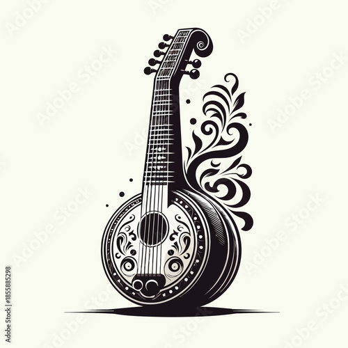Black and white illustration of a mandolin with floral design on cream background vector