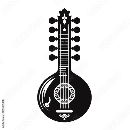 Black and white illustration of a musical instrument with intricate design on white background vector