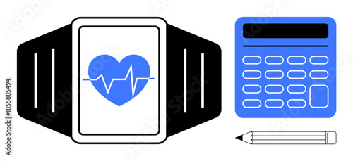 Health technology, productivity, fitness monitoring, data analysis, education, organization. Wearable fitness tracker with heart icon, calculator pencil. Fitness monitoring and productivity concept
