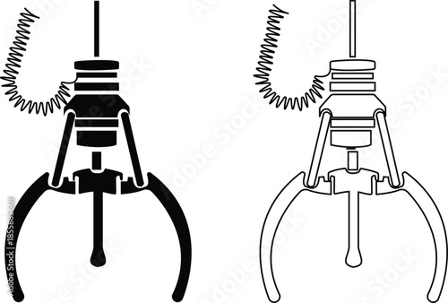 Set of crane claw machine icons, collection of arcade grabber toy symbols, group of flat line vector illustrations, add claw, gripper, catcher, pickup device, black