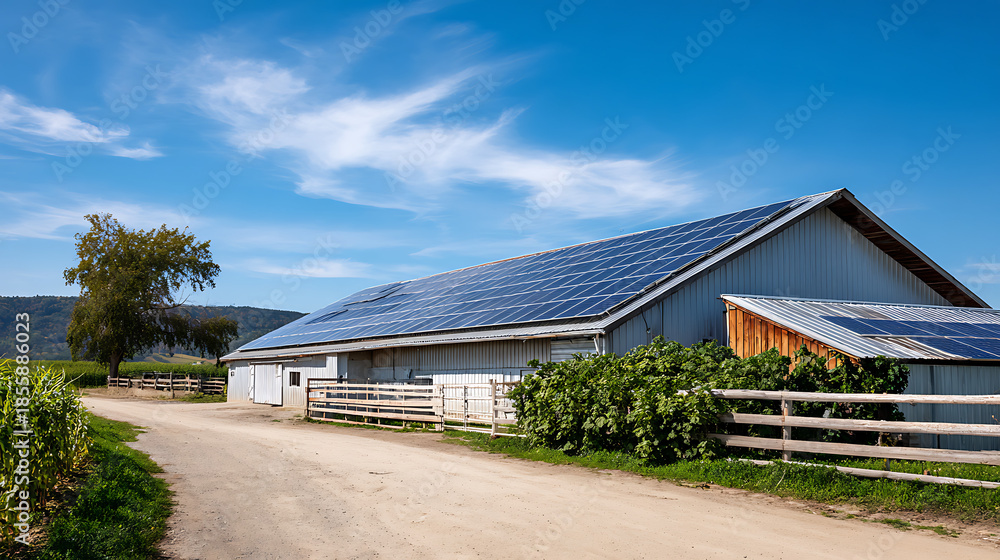 Obraz premium Wide-Angle Photo Of Modern Barn Roof Covered In Solar Panels
