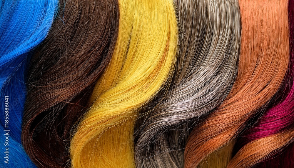 Fototapeta premium abstract background with strands of multicolored hair hair texture creative wallpaper for beauty salon banner various hair samples