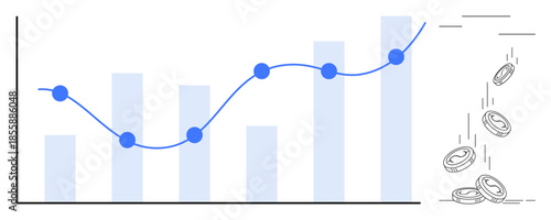 Business analytics, finance management, economic growth, investment strategies, profitability, market trends. Bar chart with data points and coins upward financial growth. Finance management
