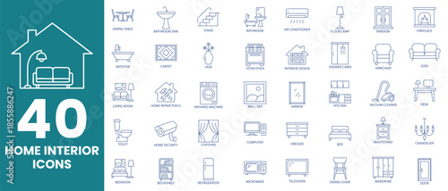 Stylish home interior icon set featuring furniture, living room, bedroom, and bathroom essentials. Perfect for decor,  modern house design projects