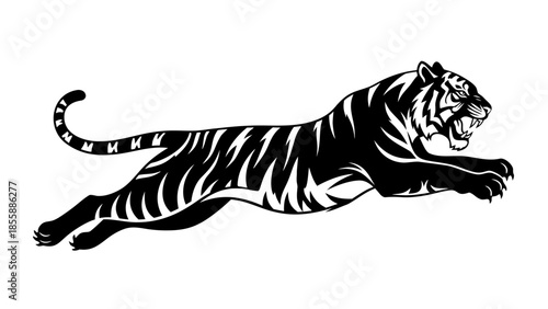 Vector illustration of a tiger leaping forward, showcasing its powerful muscles and dynamic movement in a striking black and white design
