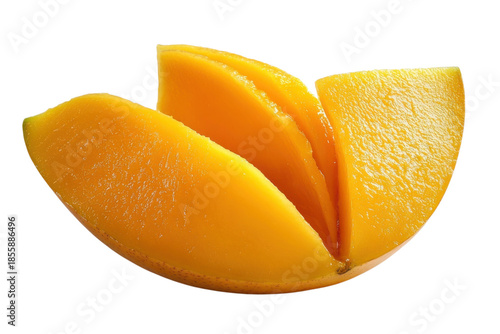 Fresh ripe mango slices, close-up fruit wedges isolated on Transparent Background