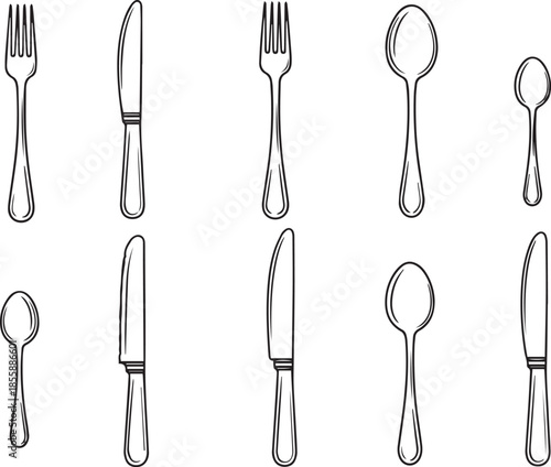 A clean and simple black and white line set showcasing various types of cutlery including forks, knives, and spoons of different sizes and styles