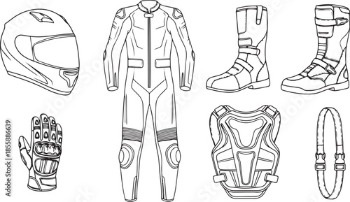 A collection of black and white line of motorcycle racing protective gear including a helmet, a full racing suit, gloves, boots, and a chest