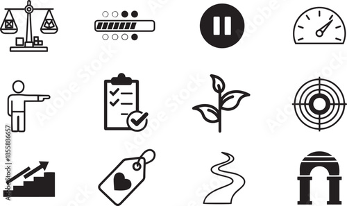 A collection of twelve black and white representing business concepts and progress including scales a loading bar a pause button a speedometer a