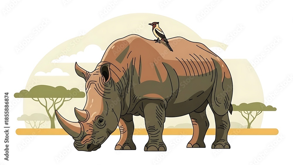 Fototapeta premium Rhinoceros and bird in savannah landscape with trees