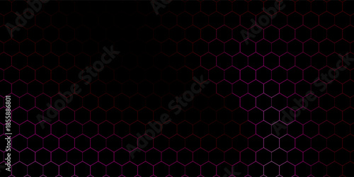 Hexagon game background with glowing red honeycomb grid on black surface. Abstract geometric pattern of connected cells for futuristic interface design. Digital technology bg with luminous edges.