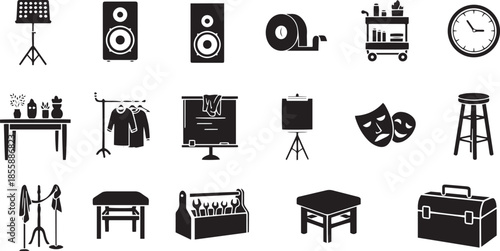 Assortment of black silhouette representing musical equipment office supplies and theatrical stand speaker