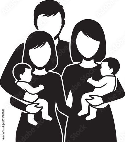 Black and white of a family of four with two parents embracing two babies, symbolizing nurturing and parental love with a clean, modern aesthetic