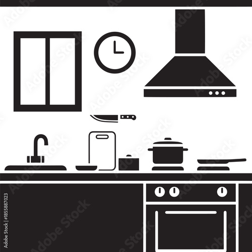 Black and white of a kitchen counter with a sink stove oven window clock knife cutting board and cooking pots on a white background Keywords