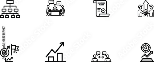 A collection of business and finance icons in a simple line style
