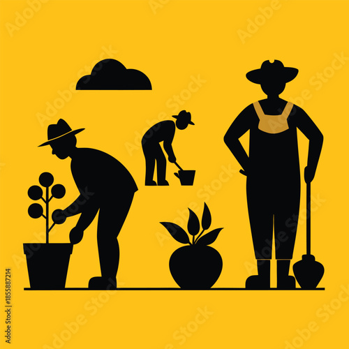 farmer working activity silhouettes planting