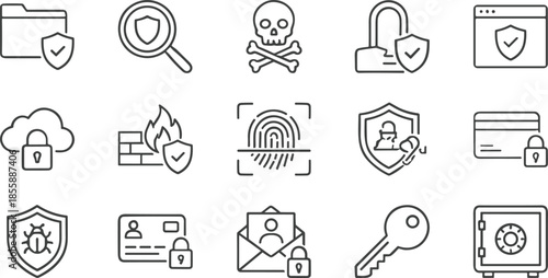 Cybersecurity and data protection line icon set showing malware threats, secure access, encryption, firewall defense, cloud security, and privacy protection