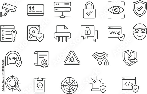 Cybersecurity line icon set with VPN, firewall, antivirus, surveillance, secure login, data protection, network monitoring, and digital privacy symbols