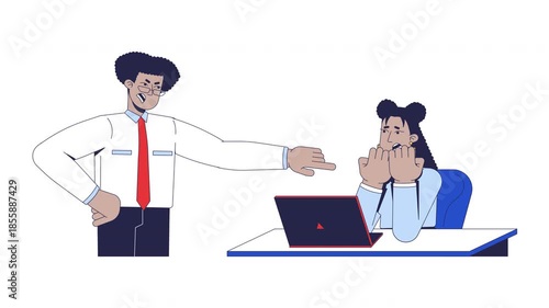 Angry boss scolding anxious employee cartoon animation. Verbal abuse. Power imbalance. Workplace harassment. Toxic manager animated flat 2D characters 4K video isolated on white, scene storytelling