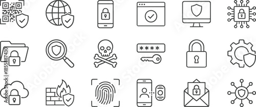 Cybersecurity line icon set featuring QR security, cloud protection, encryption, malware defense, biometric authentication, network safety, and digital privacy symbols