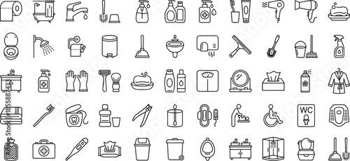 Minimal bathroom hygiene line icons set featuring toiletries, cleaning tools, sanitation symbols, healthcare items, restroom equipment, and household essentials illustrationMinimal 