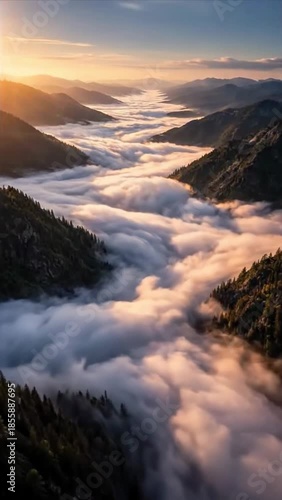 Golden hour mountain landscape with soft clouds flowing through deep valleys, warm sunrise light and majestic scale creating a serene, cinematic natural panorama, generative AI