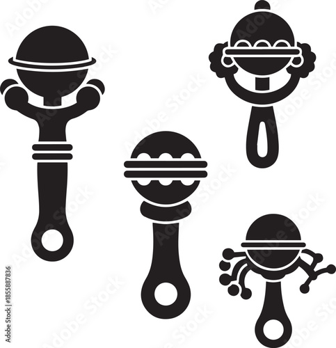 Collection of four black silhouette of baby rattles with different and shapes on a white background, symbolizing infant toys and early childhood