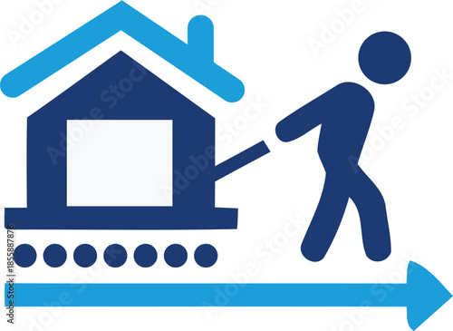 Man pushing a house on a platform with a forward arrow design