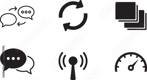 Collection of six black and white representing communication data transfer and speed measurement on a white background Keywords: communication